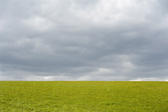 Empty green grassy field under an ominous cloudy grey sky