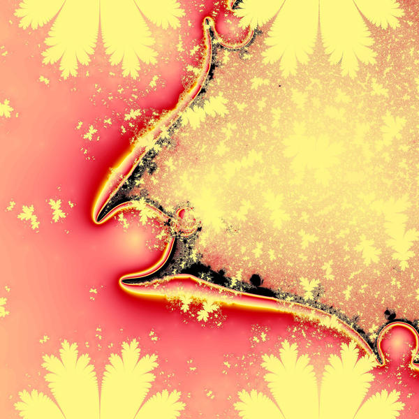 a pink and yellow fractal that looks floral or leaf like in pattern