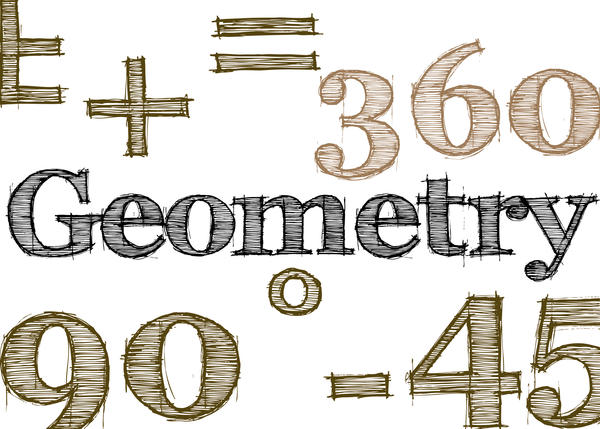 handdrawn effect type spelling the word Geometry surrounded by various mathematical symbols and numbers and angles