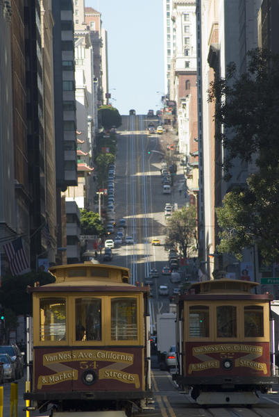 california street cable cars looking up the hill, san francisco