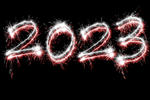 white and red new year 2023 sparkling typeface on back backdrop